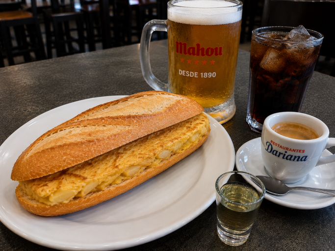 Bocadillo o montado con bebida, café y chupito.