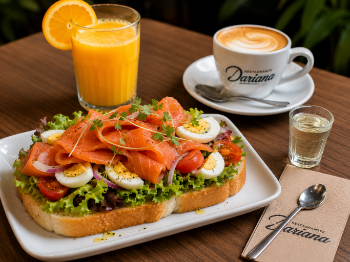 Tostada con salmón ahumado y ensalada, acompañada de jugo de naranja y café.